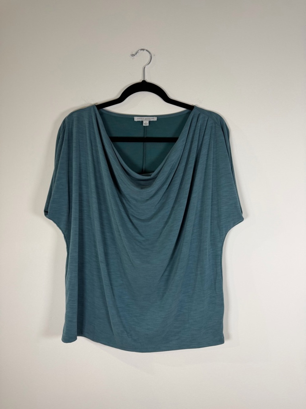 Green Envelope Teal Draped Cowl Neck Short Sleeve Top